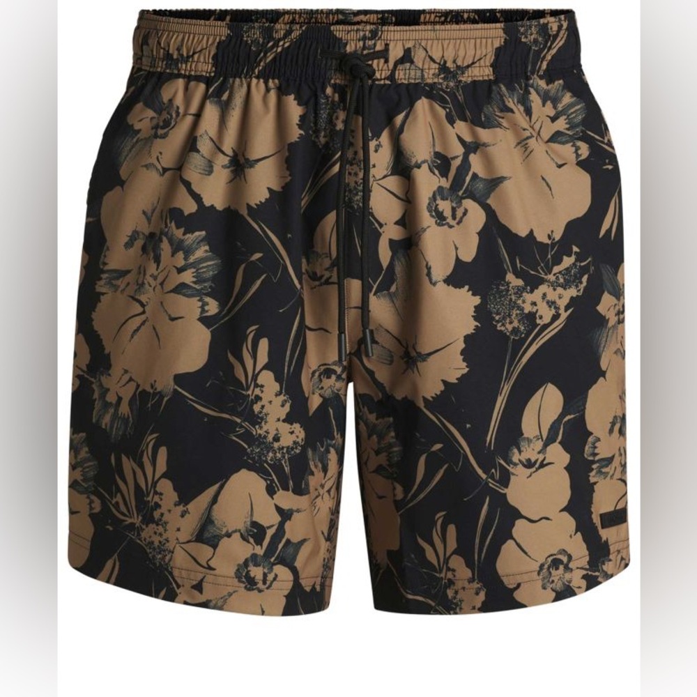Boss Black and Tan Floral Swim Trunks